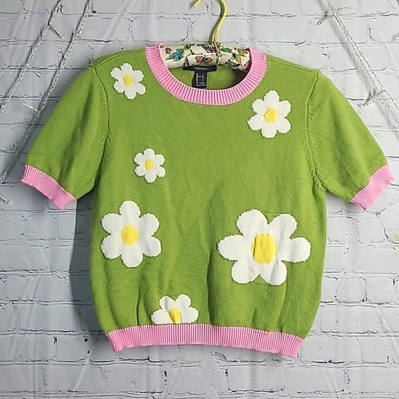 Forever 21 Vintage Inspired Springtime Daisy Floral Sweater Knit Top Womens Sz L - Picture 5 of 16